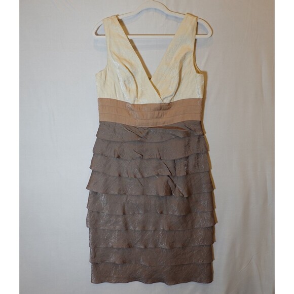 Adrianna Papell Ruffle Tiered Layered Dress Cocktail Sz 10 Metallic Brown Tan - Picture 13 of 13